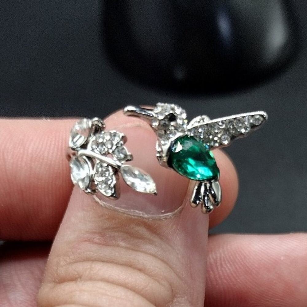 925 Silver Ring Hummingbird Lab Diamond & Emerald Fully Adjustable Women's Gift